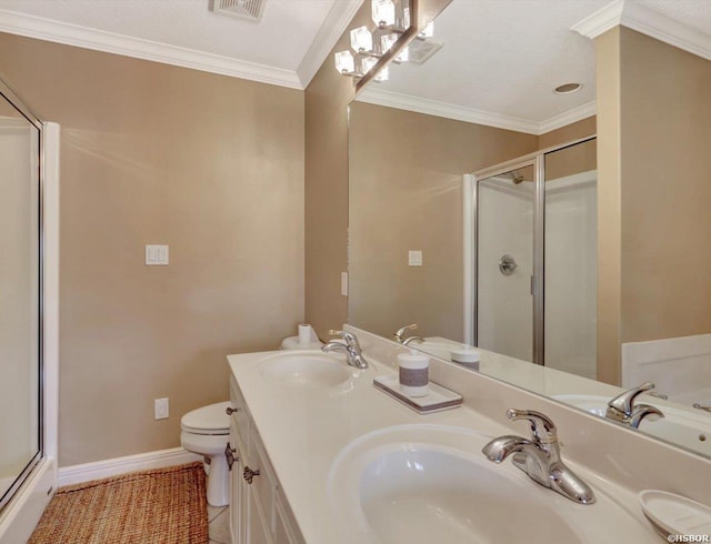 182 Villa Pointe Pt Unit B, Hot Springs, AR 71913 - full bathroom featuring a stall shower, double vanity, tile patterned floors, and crown molding