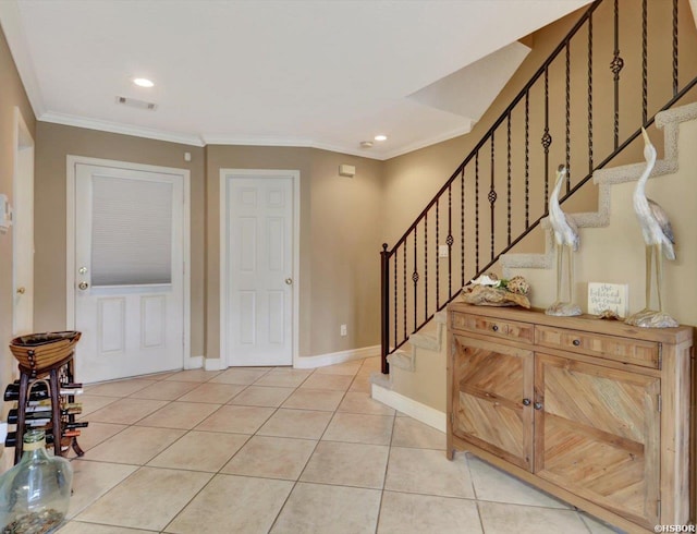 182 Villa Pointe Pt Unit B, Hot Springs, AR 71913 - foyer with light tile patterned floors, stairs, ornamental molding, and recessed lighting