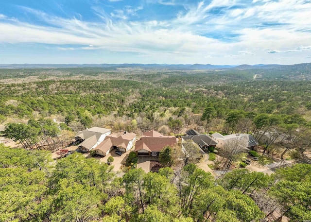 birds eye view of property with a mountain view and a view of trees