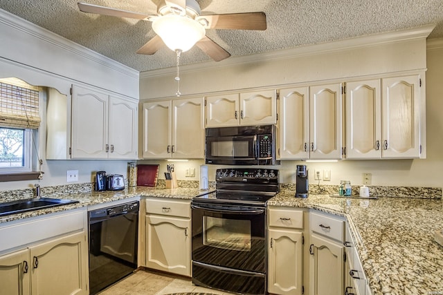 208 Daffodil St Unit D-1, Hot Springs, AR 71913 - kitchen with a textured ceiling, a sink, light stone countertops, black appliances, and crown molding