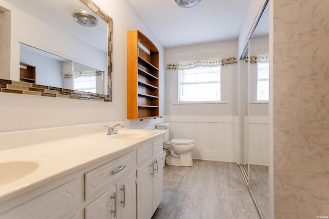 full bath featuring wood finished floors, wainscoting, a sink, and a healthy amount of sunlight