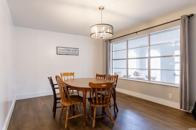 dining room with dark wood-style floors, visible vents, and baseboards