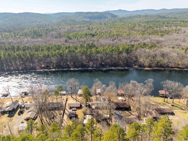 drone / aerial view featuring a forest view and a water and mountain view