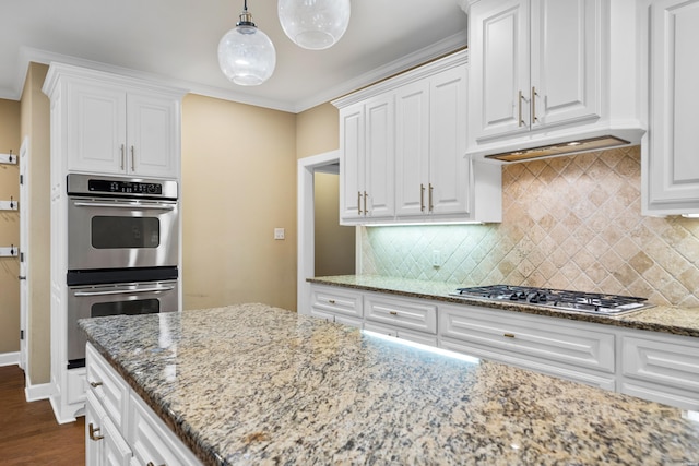 121 Gardens Gate Dr, Hot Springs, AR 71913 - kitchen with tasteful backsplash, white cabinetry, dark wood-style floors, light stone countertops, and appliances with stainless steel finishes