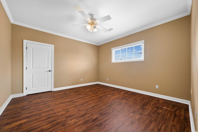 121 Gardens Gate Dr, Hot Springs, AR 71913 - unfurnished room with visible vents, baseboards, ceiling fan, ornamental molding, and dark wood-style floors