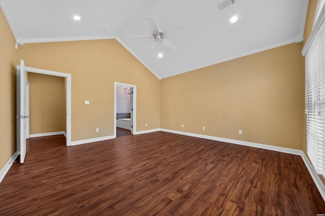 121 Gardens Gate Dr, Hot Springs, AR 71913 - unfurnished bedroom featuring lofted ceiling, baseboards, visible vents, crown molding, and dark wood-type flooring