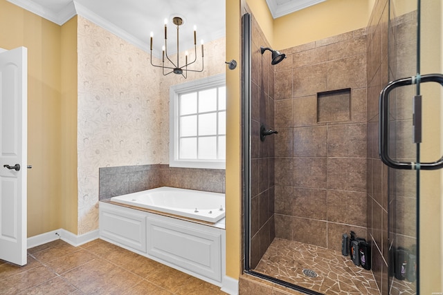 121 Gardens Gate Dr, Hot Springs, AR 71913 - full bathroom featuring ornamental molding, a stall shower, a chandelier, tile patterned flooring, and a garden tub