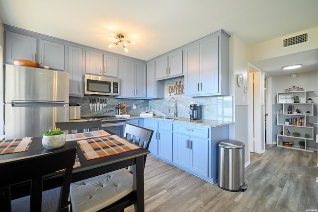210 Aberina St Unit C-5, Hot Springs, AR 71913 - kitchen featuring appliances with stainless steel finishes, gray cabinetry, decorative backsplash, and light wood finished floors