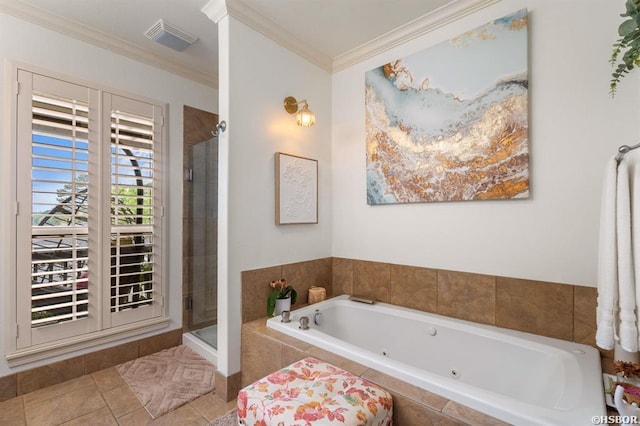 bathroom featuring tile patterned flooring, ornamental molding, visible vents, a tub with jets, and a stall shower