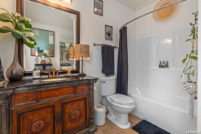 full bath featuring shower / tub combo, tile patterned floors, vanity, toilet, and ornamental molding