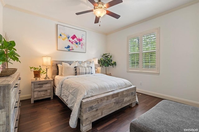 bedroom with baseboards, ornamental molding, a ceiling fan, and dark wood-style flooring