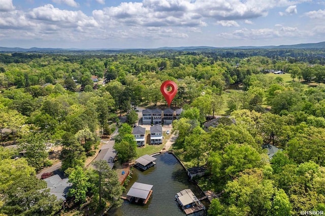 birds eye view of property with a water view and a forest view