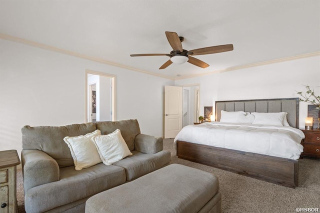 bedroom featuring carpet floors, a ceiling fan, and crown molding