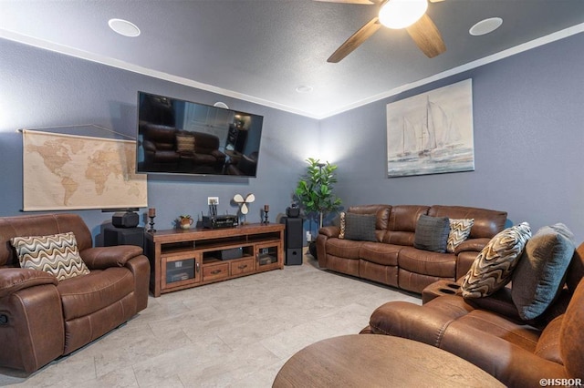 living area with a ceiling fan