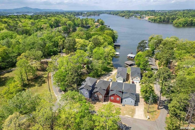 birds eye view of property with a water view and a view of trees