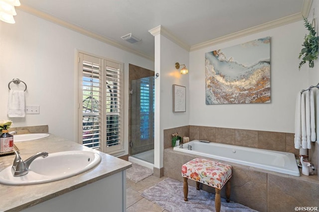 bathroom featuring a sink, double vanity, visible vents, ornamental molding, and a stall shower