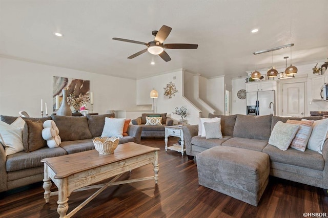 living area with a ceiling fan, dark wood finished floors, and recessed lighting