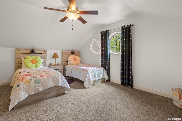 carpeted bedroom featuring baseboards, a ceiling fan, and vaulted ceiling