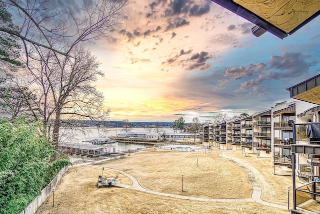 exterior space with a water view