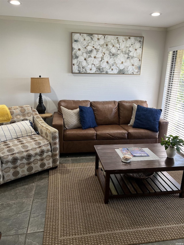 living area featuring ornamental molding and recessed lighting