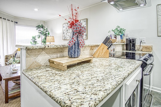 kitchen featuring stainless steel range with electric stovetop, range hood, crown molding, and light stone counters