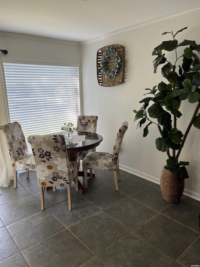 unfurnished dining area with baseboards and crown molding