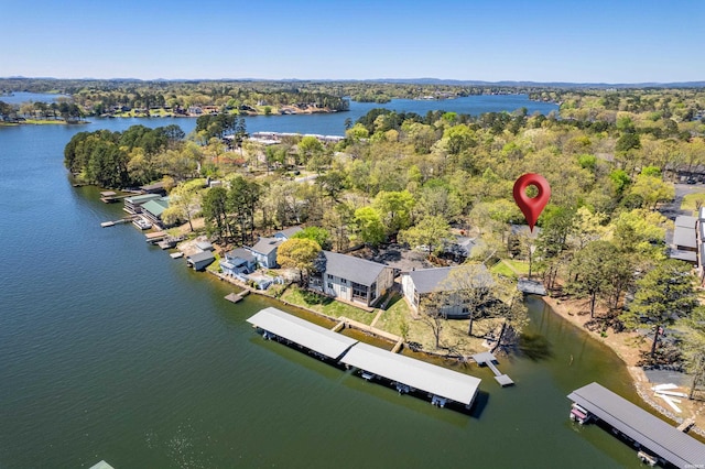 drone / aerial view featuring a water view and a wooded view