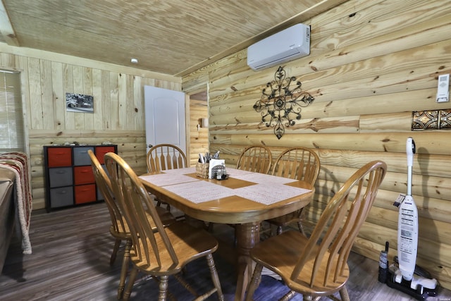 dining room with wood ceiling, a wall mounted air conditioner, dark wood finished floors, and log walls