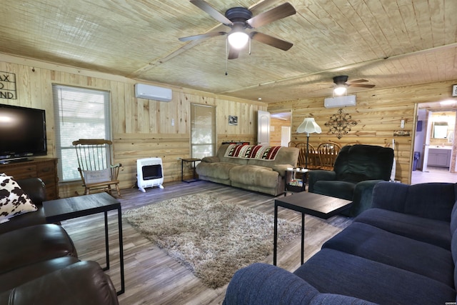 living room featuring a wall unit AC, wooden ceiling, wood finished floors, log walls, and heating unit