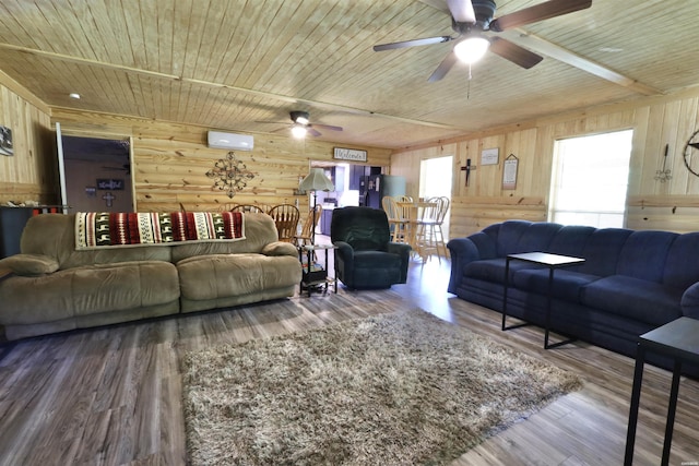 living room featuring ceiling fan, wood walls, wooden ceiling, and wood finished floors