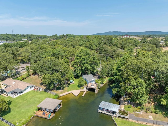 birds eye view of property with a water view and a wooded view