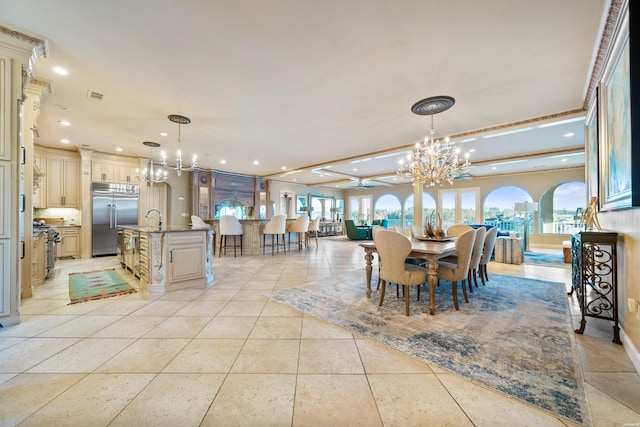 dining room featuring recessed lighting, light tile patterned flooring, visible vents, and an inviting chandelier