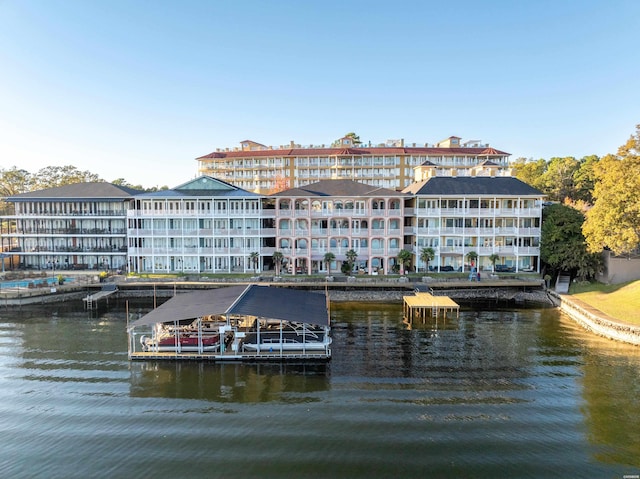 exterior space with a water view