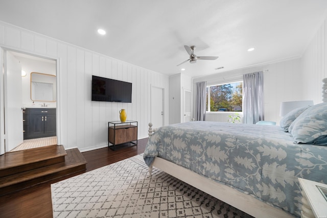 bedroom with visible vents, recessed lighting, a ceiling fan, and wood finished floors