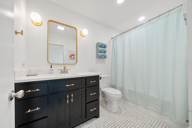 bathroom with vanity, shower / bath combination with curtain, toilet, and tile patterned flooring