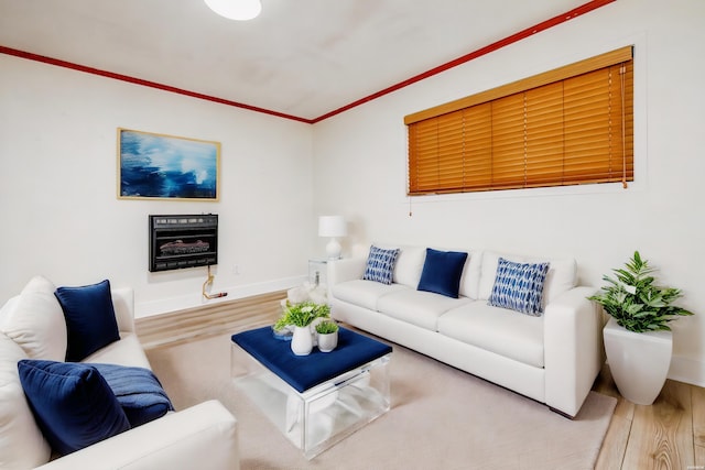 living area featuring baseboards, crown molding, a fireplace, and light wood-style floors