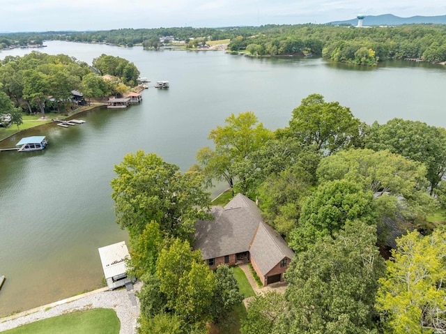 aerial view with a water view and a wooded view