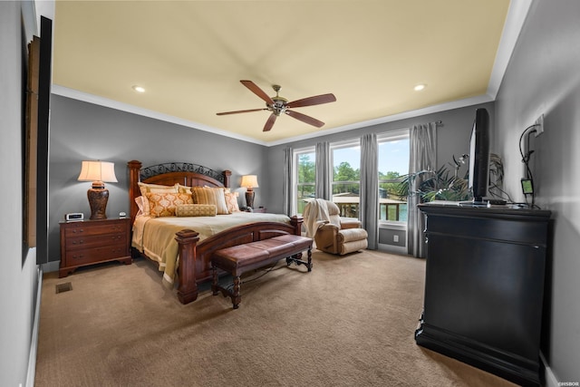 carpeted bedroom with ornamental molding, recessed lighting, visible vents, and a ceiling fan