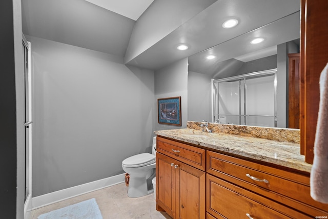 bathroom with toilet, recessed lighting, vanity, baseboards, and a shower stall