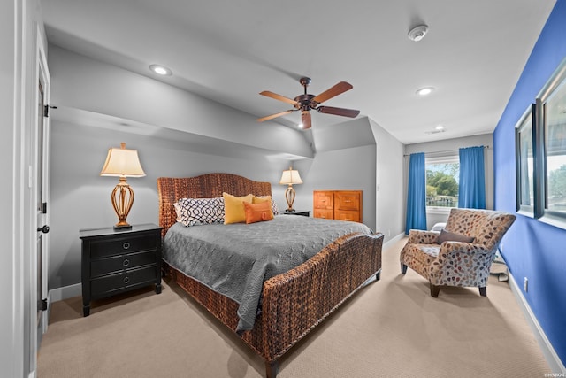 bedroom with carpet floors, recessed lighting, baseboards, and a ceiling fan