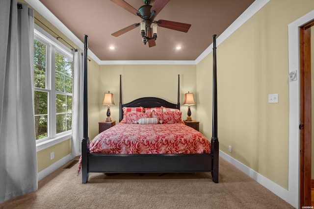 bedroom featuring ornamental molding, carpet flooring, and baseboards