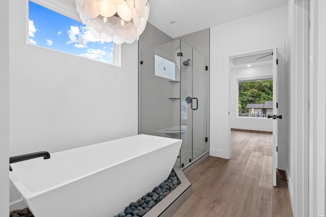 bathroom featuring plenty of natural light, a shower stall, a freestanding bath, and wood finished floors