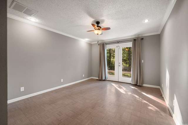 512 Beachview Cir, Hot Springs, AR 71913 - unfurnished room featuring a ceiling fan, french doors, a textured ceiling, and ornamental molding