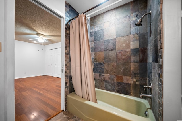 512 Beachview Cir, Hot Springs, AR 71913 - bathroom with shower / bath combo, ceiling fan, a textured ceiling, and wood finished floors
