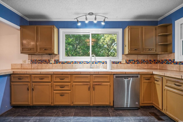 512 Beachview Cir, Hot Springs, AR 71913 - kitchen with dishwasher, a textured ceiling, tile countertops, decorative backsplash, and ornamental molding