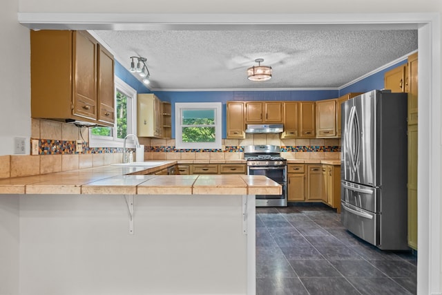 512 Beachview Cir, Hot Springs, AR 71913 - kitchen with stainless steel appliances, under cabinet range hood, a peninsula, backsplash, and ornamental molding