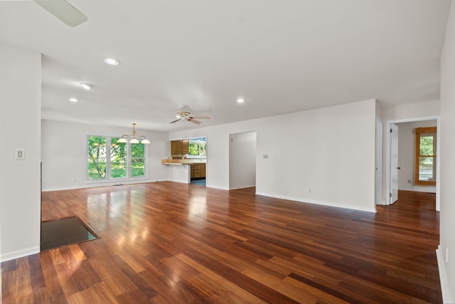 512 Beachview Cir, Hot Springs, AR 71913 - unfurnished living room featuring a ceiling fan, healthy amount of natural light, dark wood-type flooring, and recessed lighting