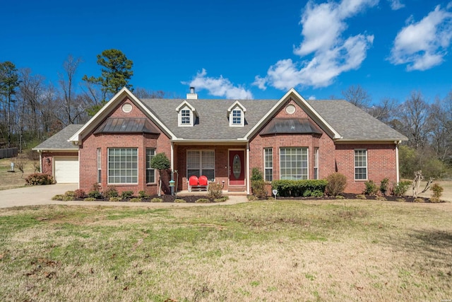 view of front of property with a front yard, a chimney, and brick siding