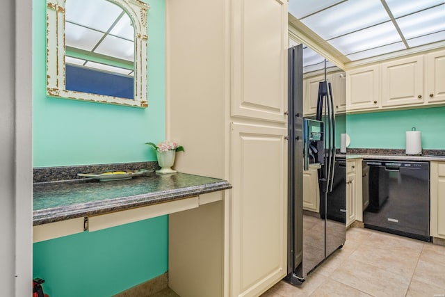 kitchen with black dishwasher, dark countertops, fridge with ice dispenser, and light tile patterned flooring