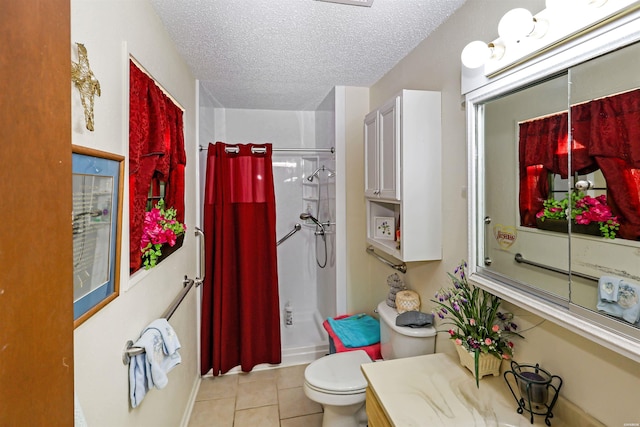 full bathroom featuring vanity, tile patterned flooring, a textured ceiling, curtained shower, and toilet